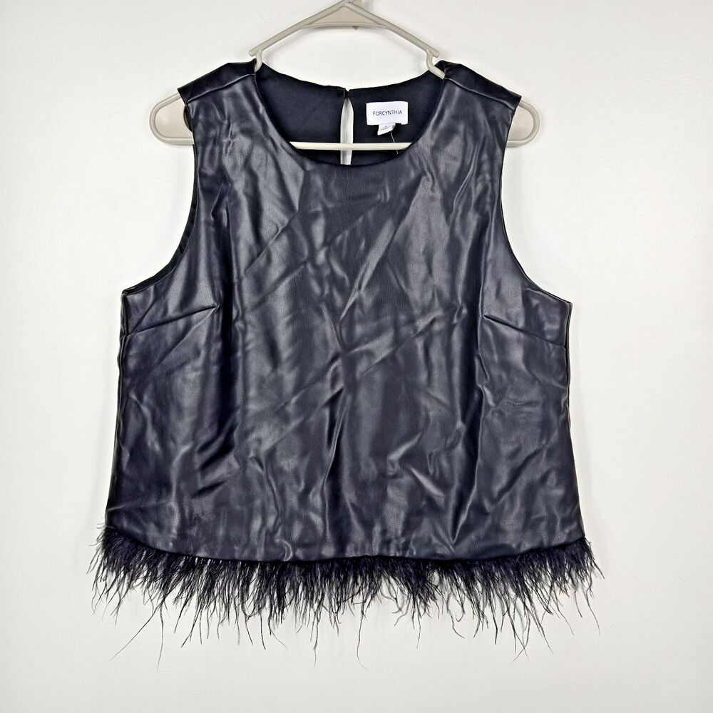For Cynthia Women's Size Large Black Faux Leather Tank‎ Top Feather Trim NWT